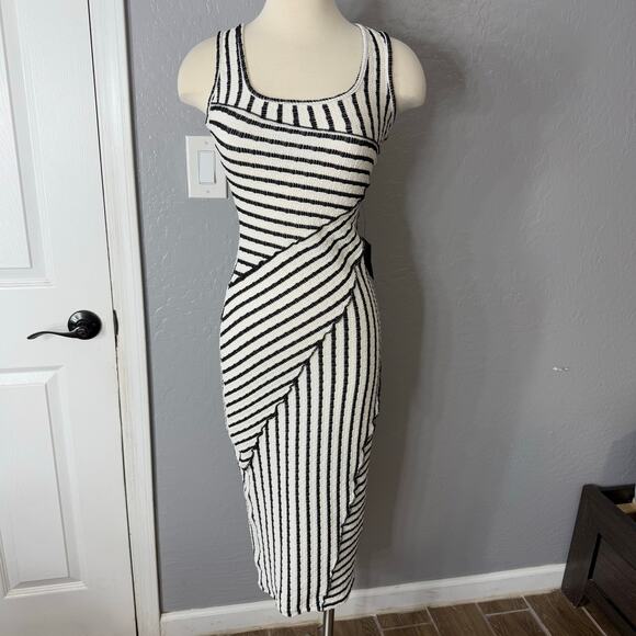 Lulus Constantly Trendy Ivory Striped Crinkle Bodycon Midi Dress, Small 2448291 - Picture 1 of 5